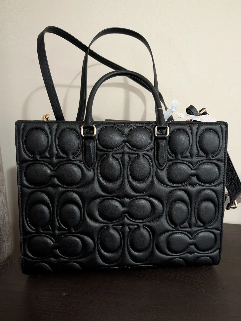 Coach Black Signature Leather Maggie Tote Bag Large